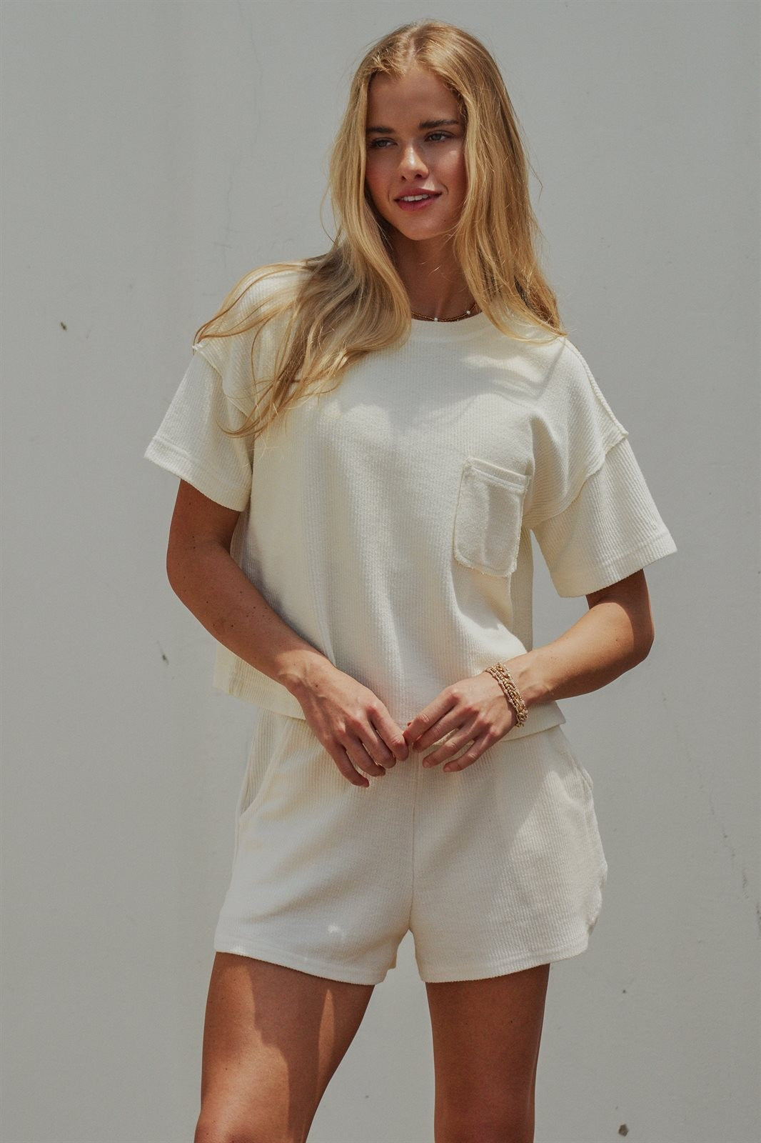 Embossed Ribbed Knit Cotton Stretch Loungewear Shorts with P in Ivory - Women's Wholesale Fashion | Trend Notes