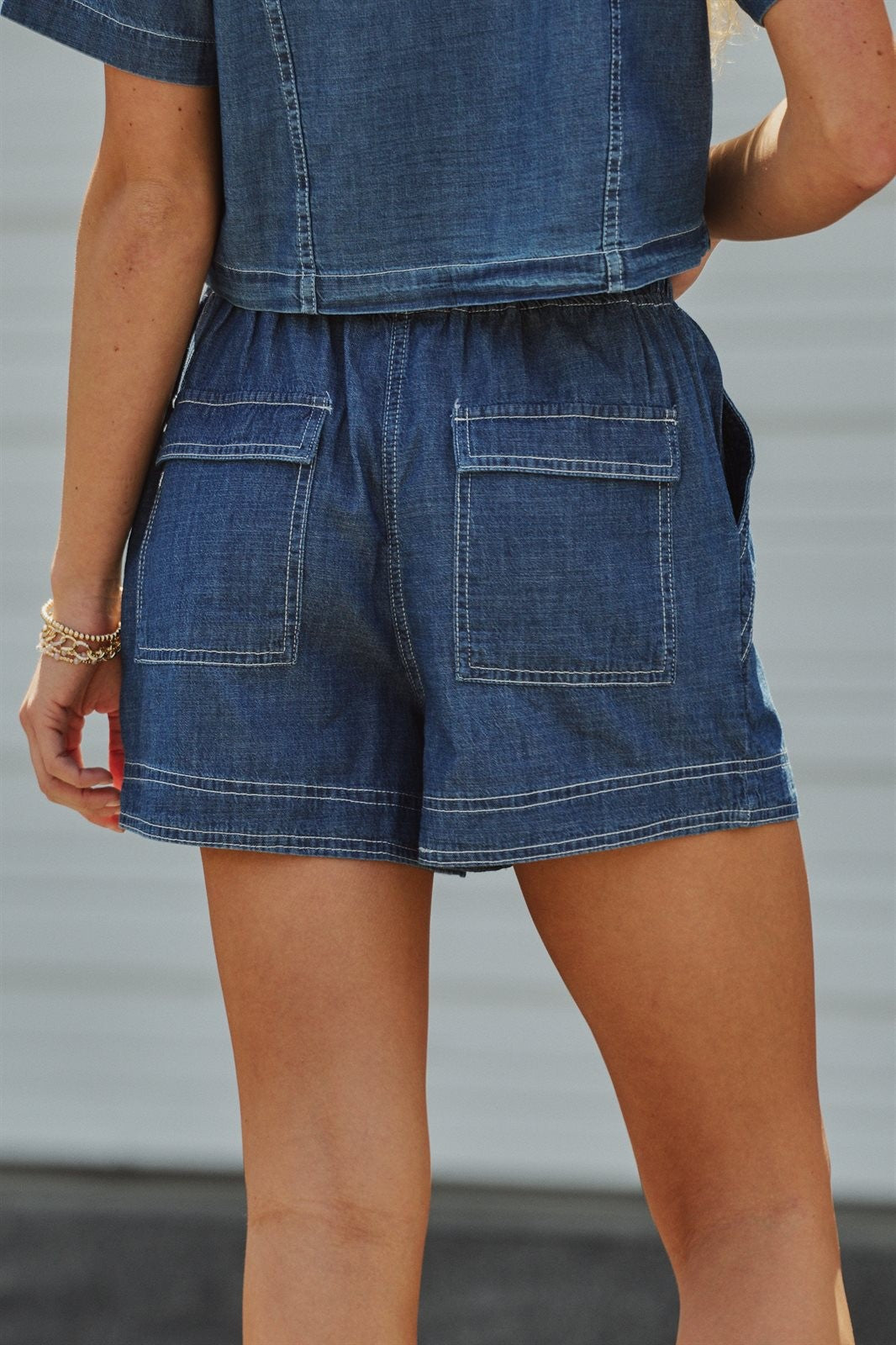 Chambray Denim Paper Bag Waist Shorts with Pockets - Coastal Summer Set Womens Shorts in Dark Denim - Women's Wholesale PANTS | Trend Notes