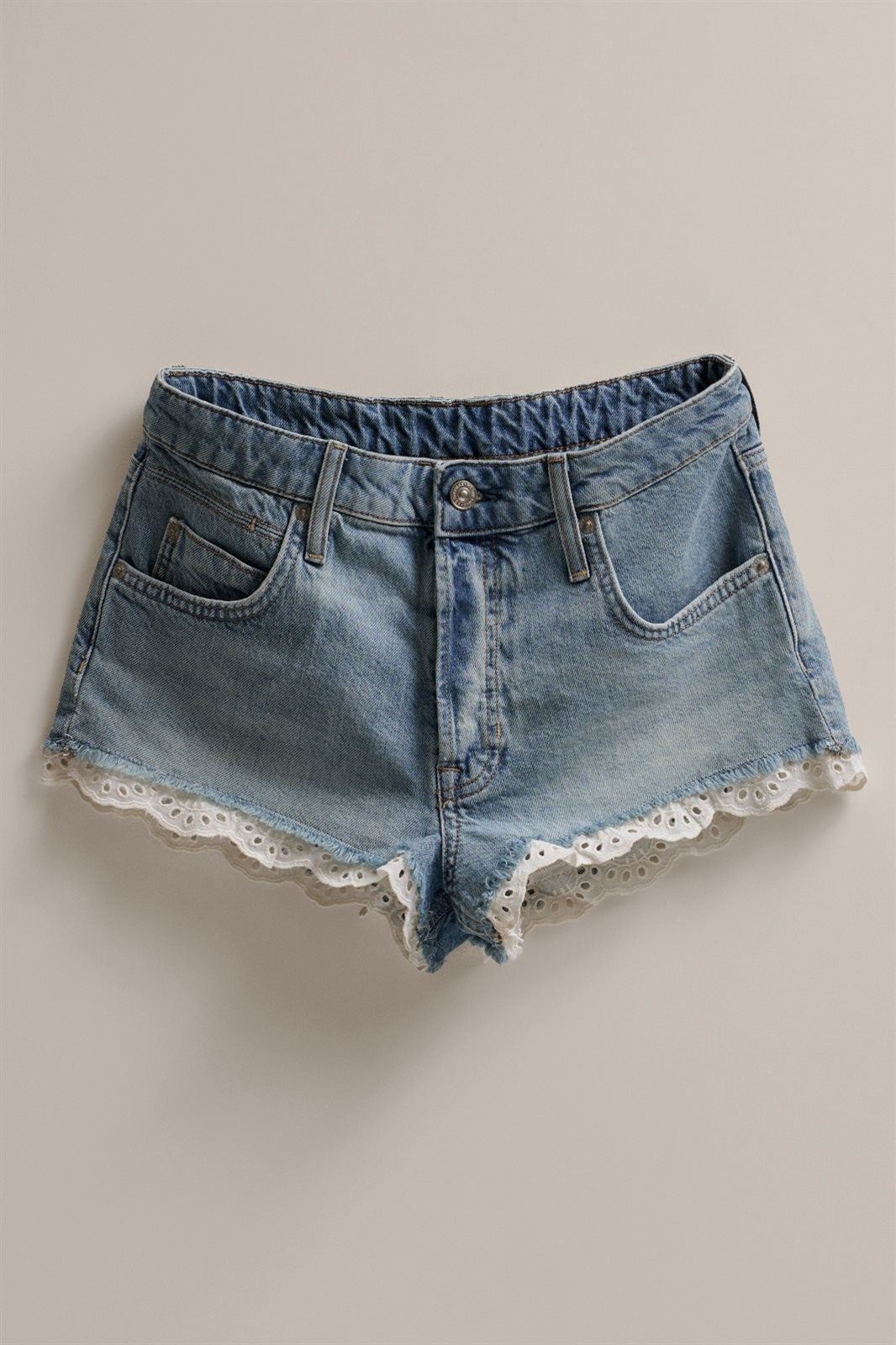 Sweet Eyelet Lace Trim Denim Shorts in Denim Blue - Women's Wholesale Fashion | Trend Notes