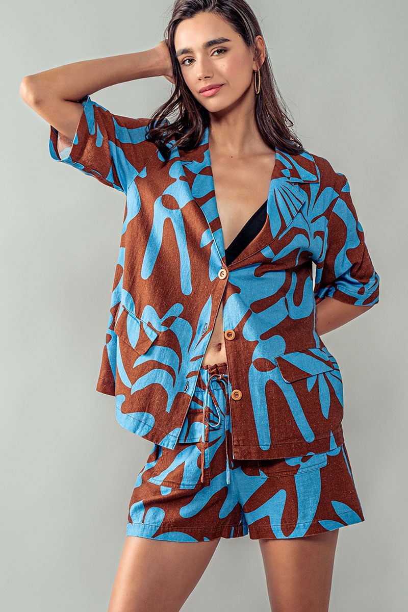 Driftwood Blues Floral Shirt and Shorts in Brown Blue - Women's Wholesale Short Sets | Trend Notes