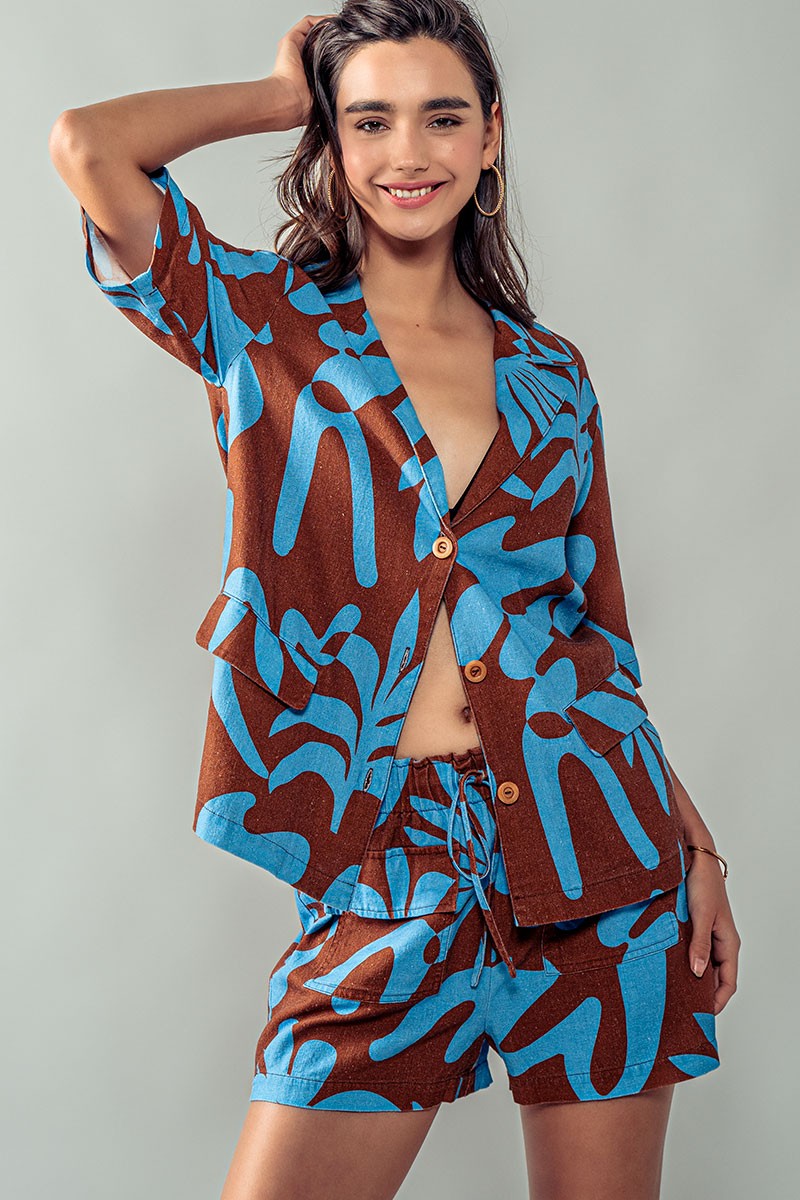 Driftwood Blues Floral Shirt and Shorts in Brown Blue - Women's Wholesale Short Sets | Trend Notes