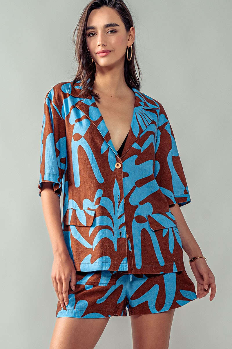 Driftwood Blues Floral Shirt and Shorts in Brown Blue - Women's Wholesale Short Sets | Trend Notes
