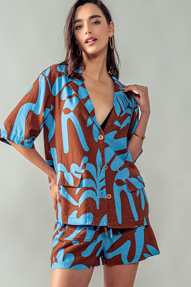 Driftwood Blues Floral Shirt and Shorts in Brown Blue - Women's Wholesale Short Sets | Trend Notes