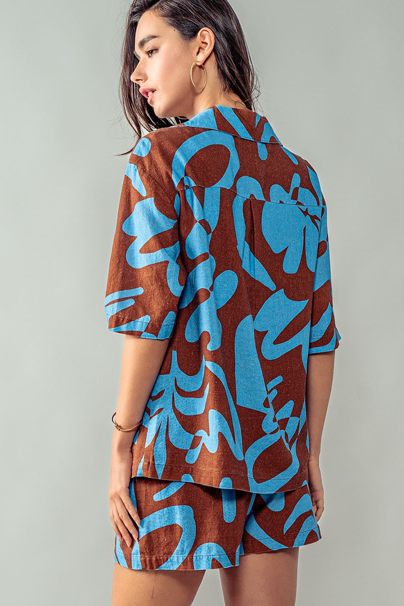 Driftwood Blues Floral Shirt and Shorts in Brown Blue - Women's Wholesale Short Sets | Trend Notes