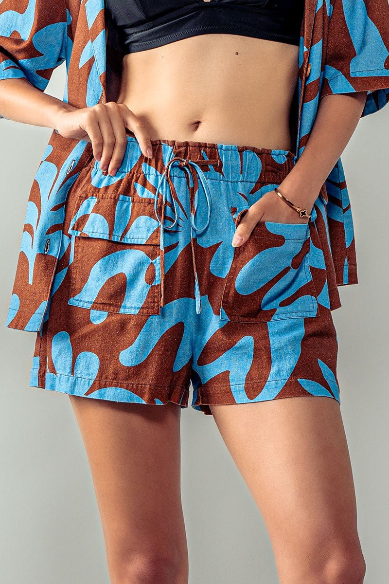 Driftwood Blues Floral Shirt and Shorts in Brown Blue - Women's Wholesale Short Sets | Trend Notes