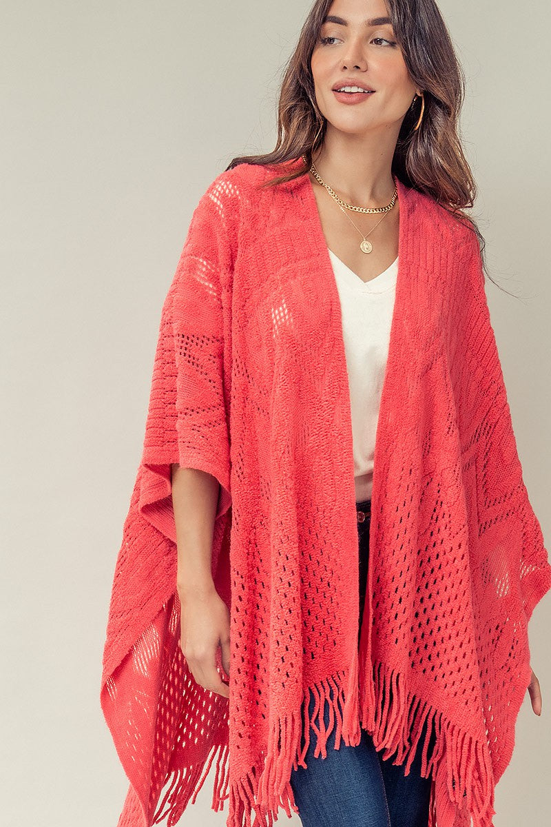FRINGE KNITTED SHAWL PONCHO CAPE CARDIGAN in Coral - Women's Wholesale Cardigans & Shrugs | Trend Notes
