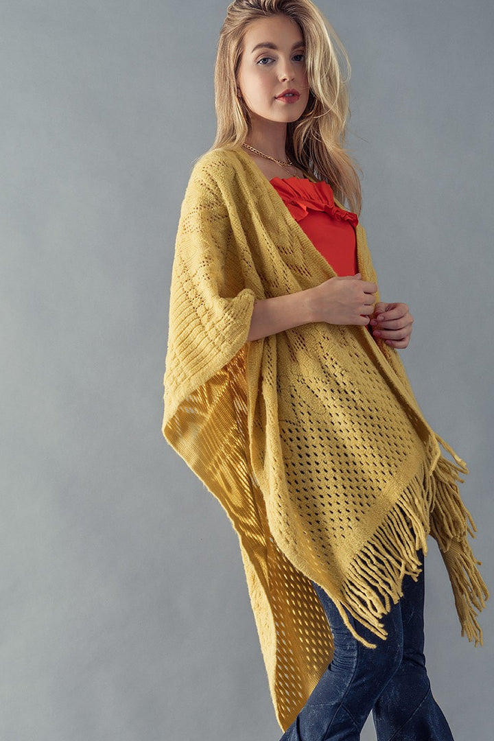 FRINGE KNITTED SHAWL PONCHO CAPE CARDIGAN in Coral - Women's Wholesale Cardigans & Shrugs | Trend Notes