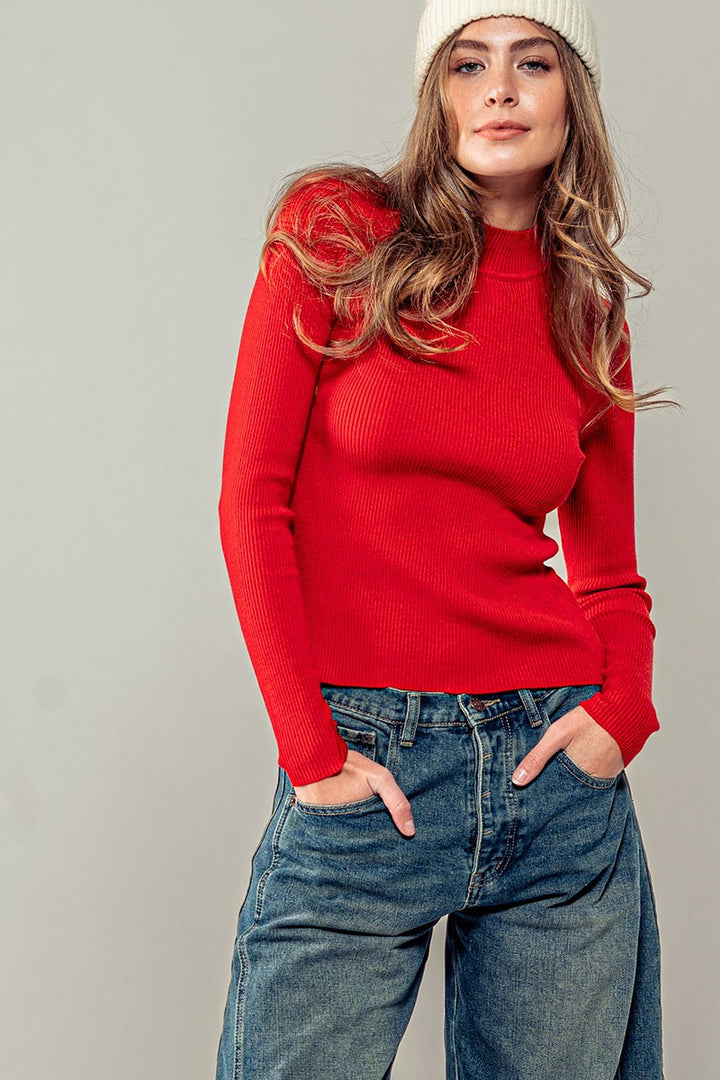 SLIM FIT MOCK NECK RIB KNIT SWEATER in Red - Women's Wholesale T-Shirts & Polos | Trend Notes