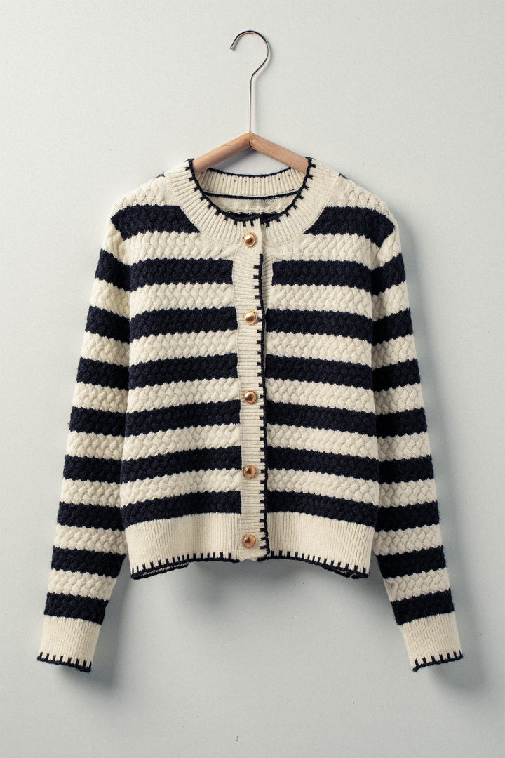 Striped Crochet Cardigan Top with Gold Buttons in Black/white - Women's Wholesale Cardigans & Shrugs | Trend Notes