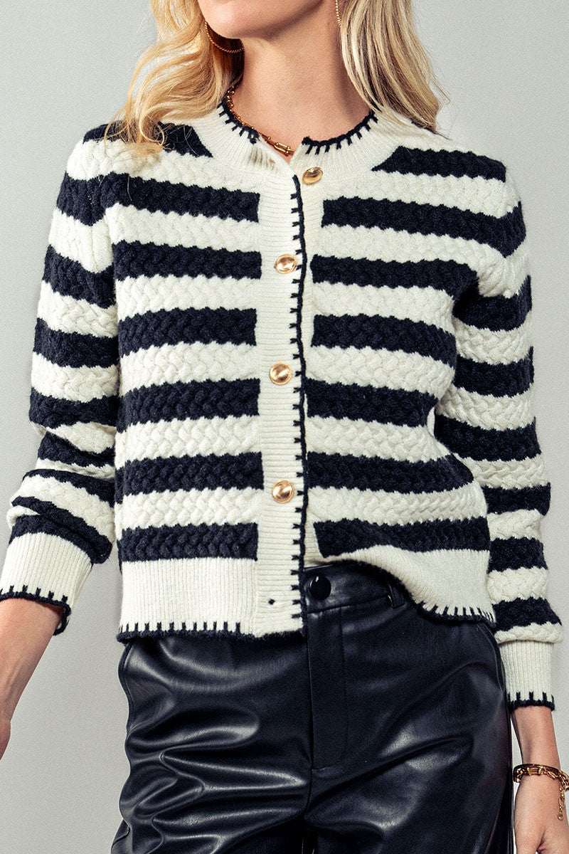 Striped Crochet Cardigan Top with Gold Buttons in Black/white - Women's Wholesale Cardigans & Shrugs | Trend Notes