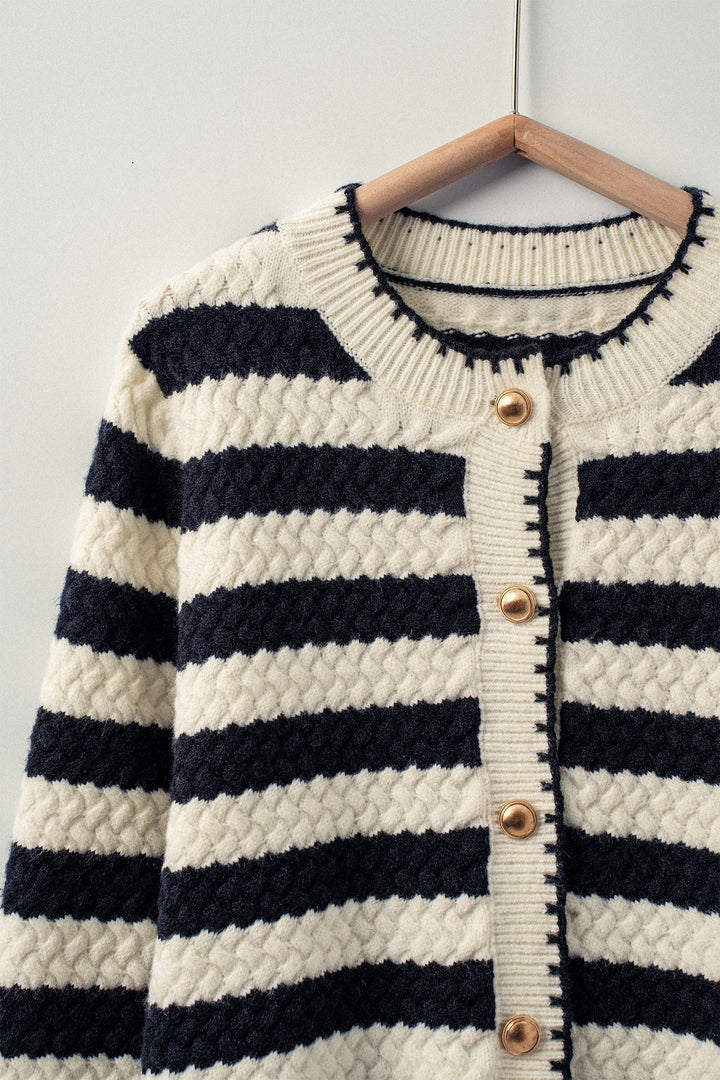 Striped Crochet Cardigan Top with Gold Buttons in Black White - Women's Wholesale Cardigans & Shrugs | Trend Notes