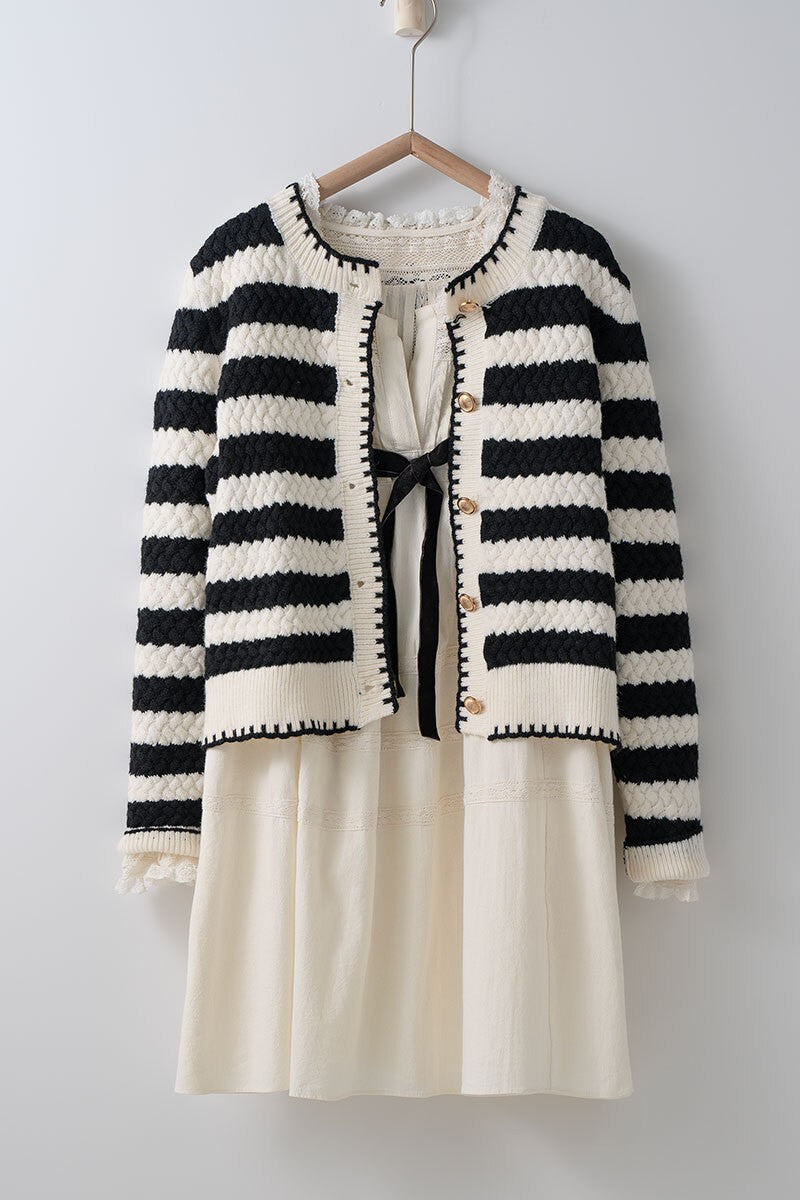 Striped Crochet Cardigan Top with Gold Buttons in Black White - Women's Wholesale Cardigans & Shrugs | Trend Notes