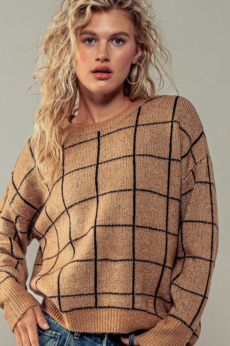 Grid Galaxy Knit Sweater in Khaki - Women's Wholesale Sweaters | Trend Notes