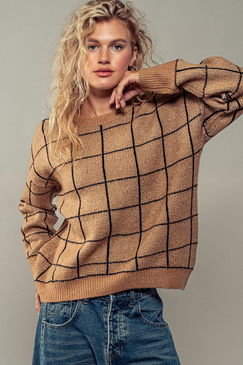 Grid Galaxy Knit Sweater in Khaki - Women's Wholesale Sweaters | Trend Notes