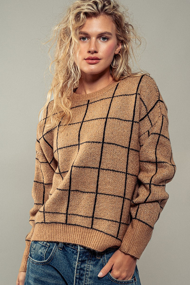 Grid Galaxy Knit Sweater in Khaki - Women's Wholesale Sweaters | Trend Notes