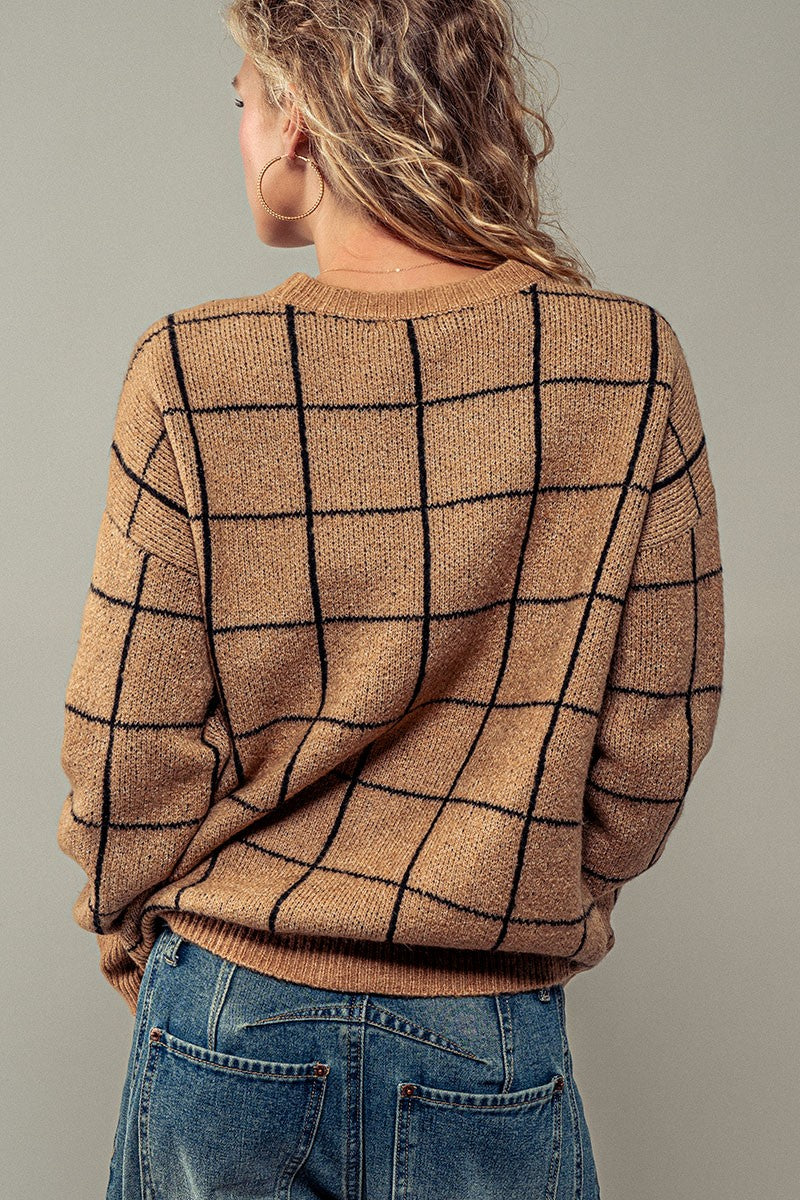 Grid Galaxy Knit Sweater in Khaki - Women's Wholesale Sweaters | Trend Notes
