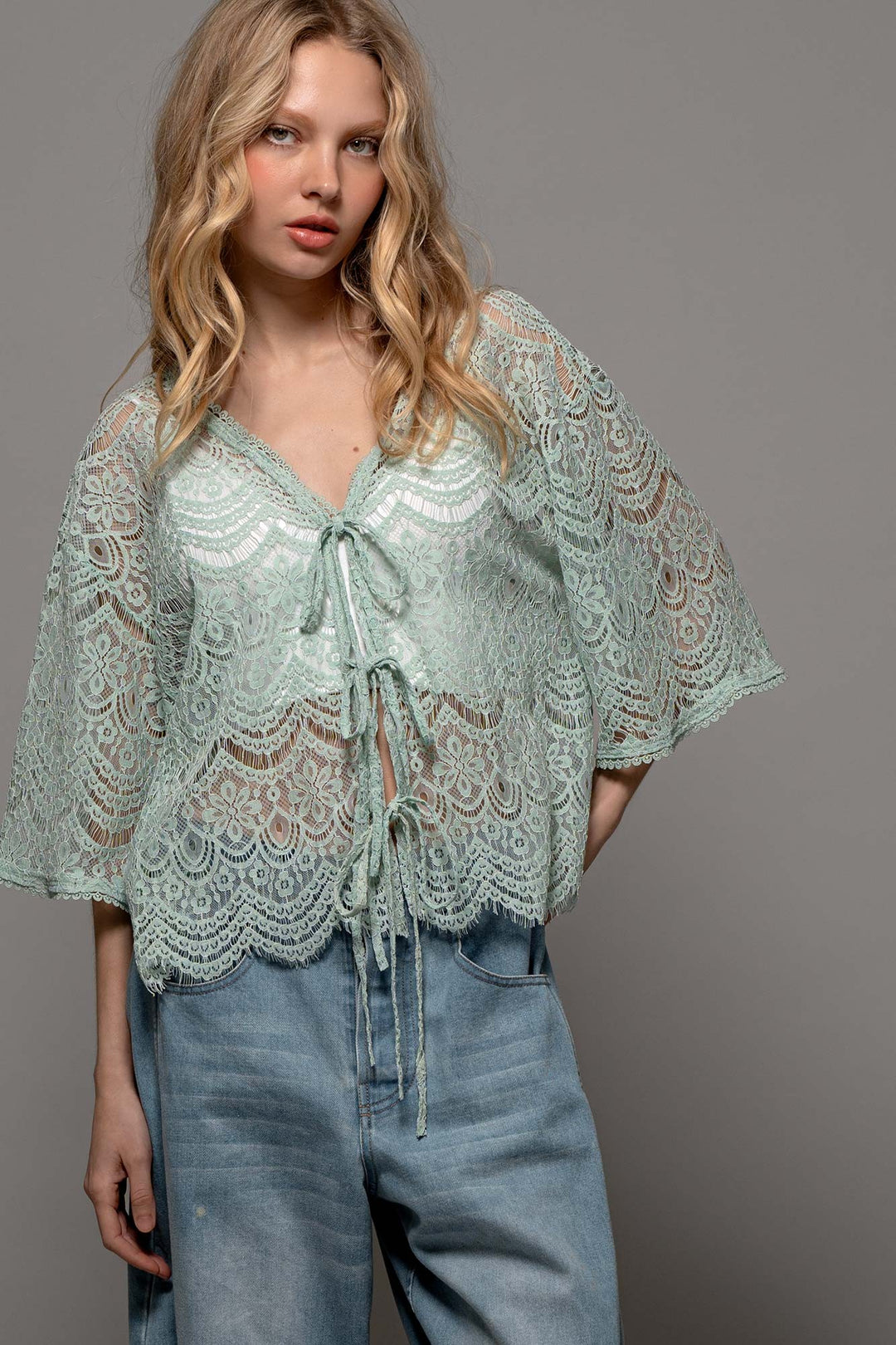 Minted Meadows Lace Top in Sage - Women's Wholesale Cardigans & Shrugs | Trend Notes