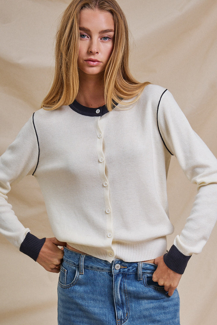 The Simple Chic Contrast Cardigan in Ivory - Women's Wholesale Sweaters | Trend Notes