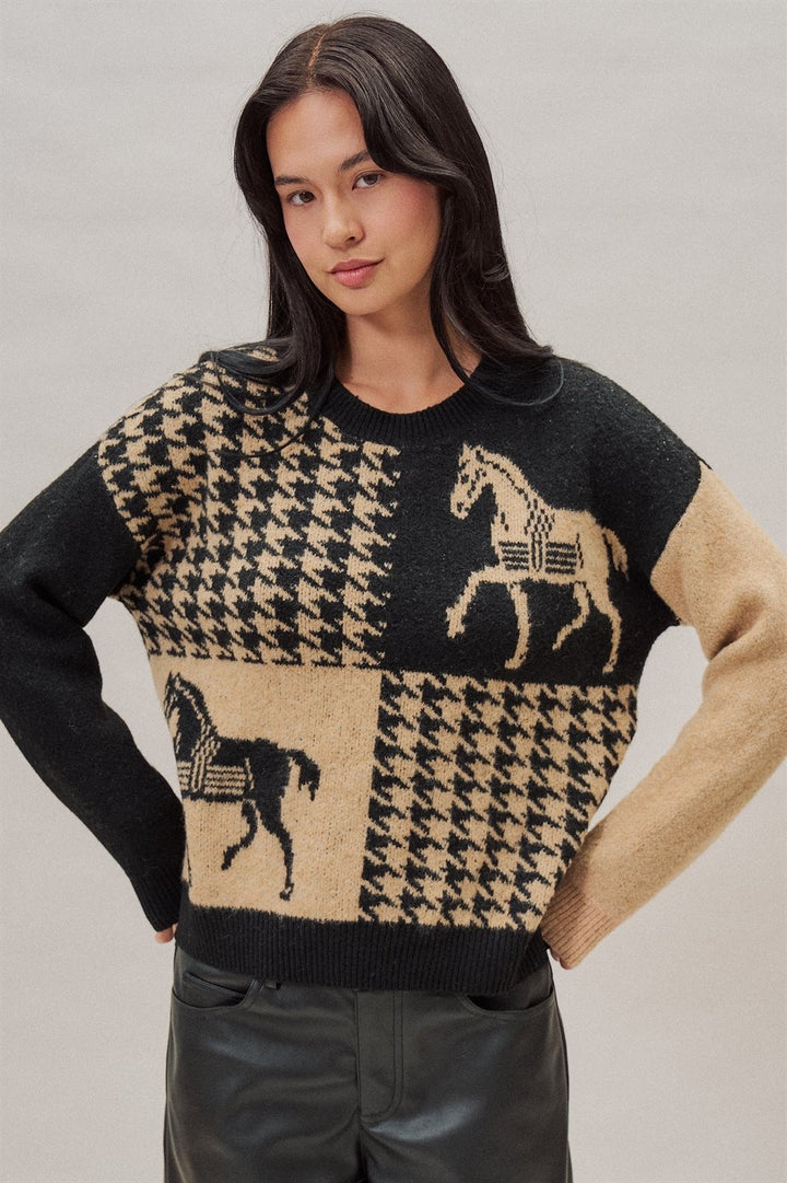 Houndstooth Horse Colorblock Knit Sweater in Black - Women's Wholesale Sweaters | Trend Notes
