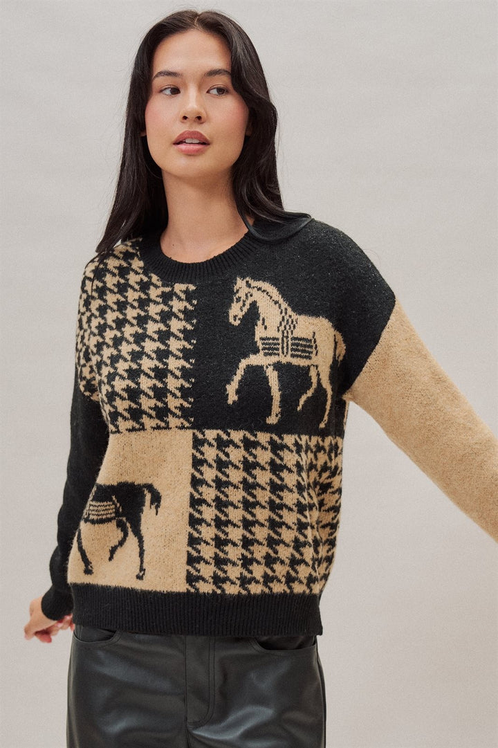 Houndstooth Horse Colorblock Knit Sweater in Black - Women's Wholesale Sweaters | Trend Notes