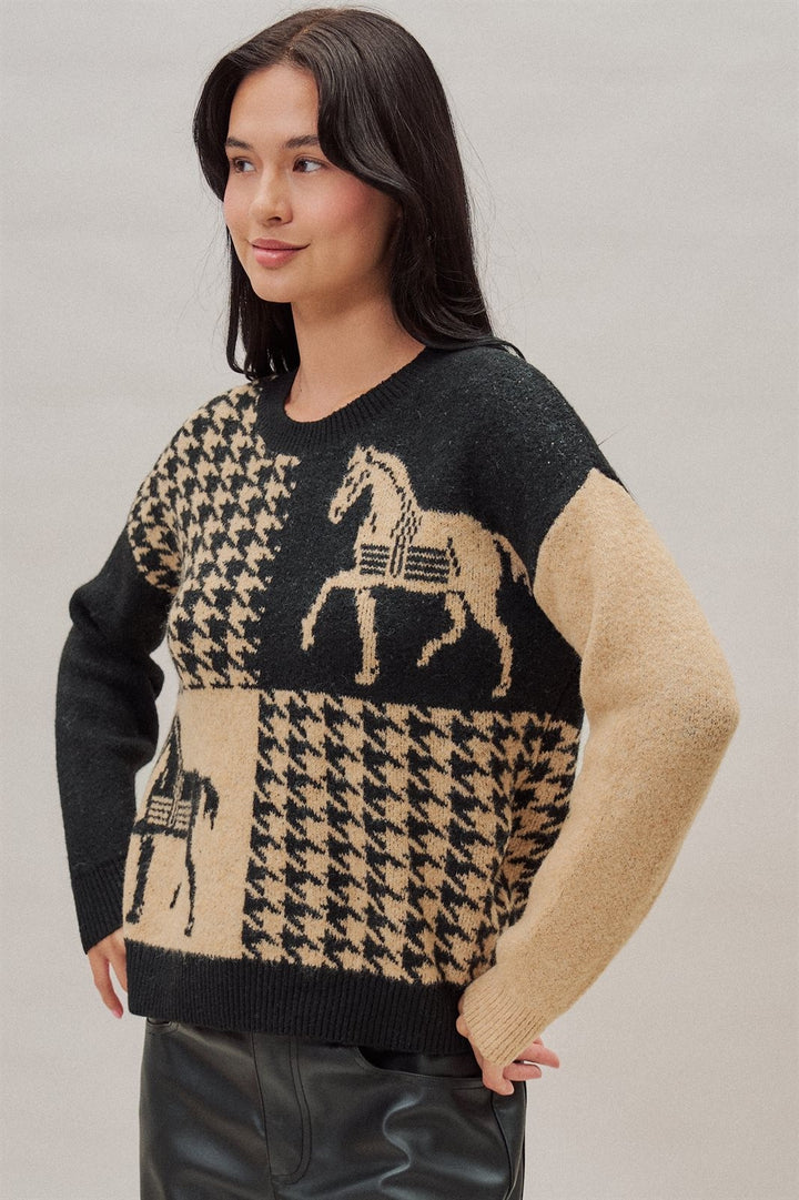 Houndstooth Horse Colorblock Knit Sweater in Black - Women's Wholesale Sweaters | Trend Notes