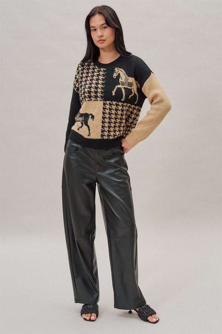 Houndstooth Horse Colorblock Knit Sweater in Black - Women's Wholesale Sweaters | Trend Notes