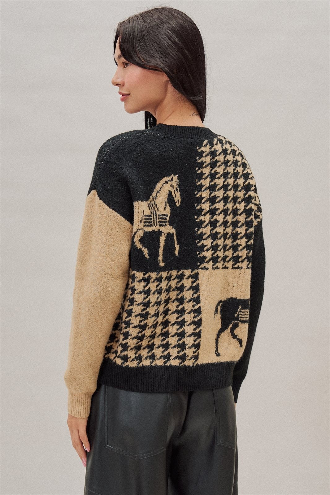 Houndstooth Horse Colorblock Knit Sweater in Black - Women's Wholesale Sweaters | Trend Notes