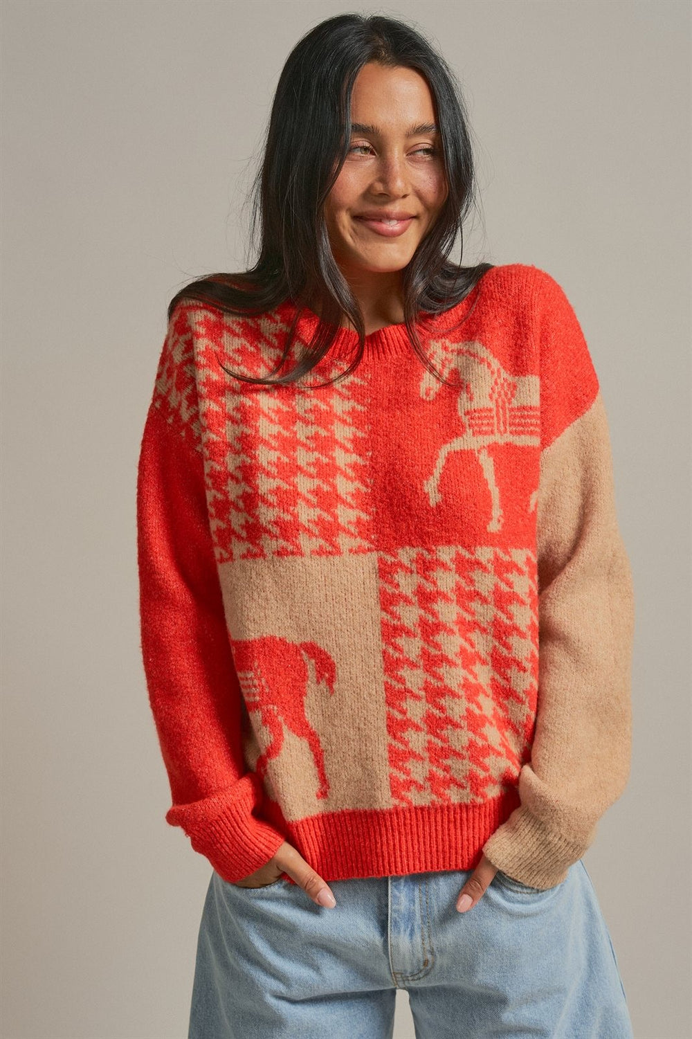 Houndstooth Horse Colorblock Knit Sweater in Orange - Women's Wholesale Sweaters | Trend Notes