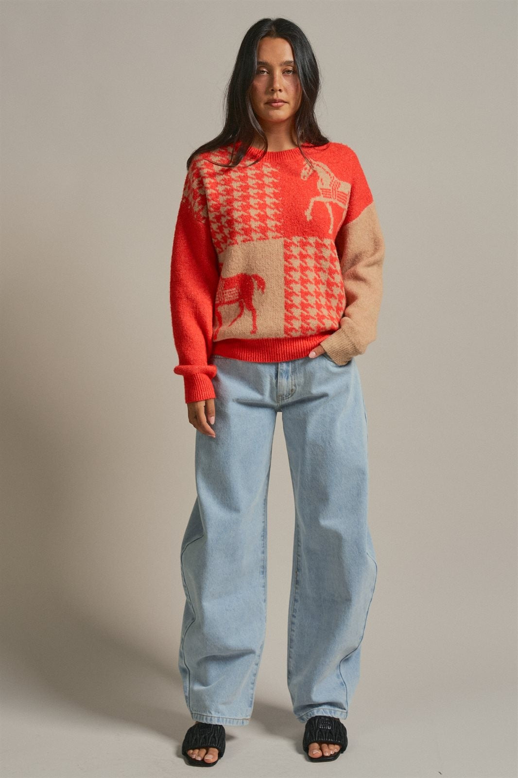 Houndstooth Horse Colorblock Knit Sweater in Orange - Women's Wholesale Sweaters | Trend Notes