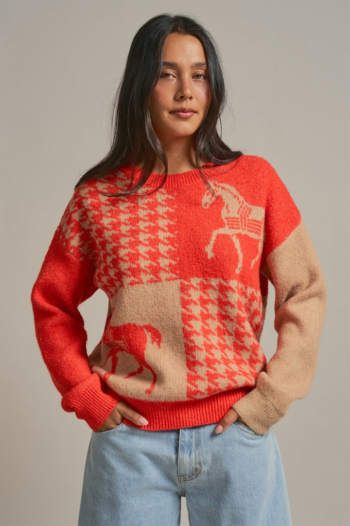 Houndstooth Horse Colorblock Knit Sweater in Orange - Women's Wholesale Sweaters | Trend Notes