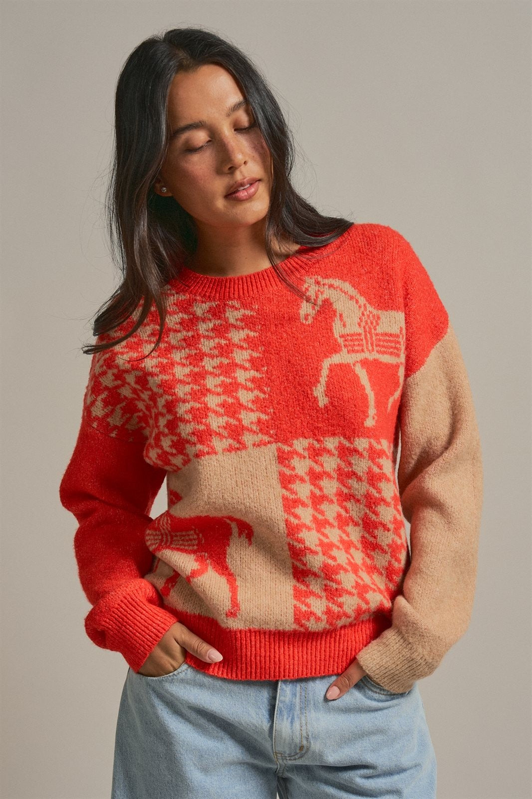 Houndstooth Horse Colorblock Knit Sweater in Orange - Women's Wholesale Sweaters | Trend Notes
