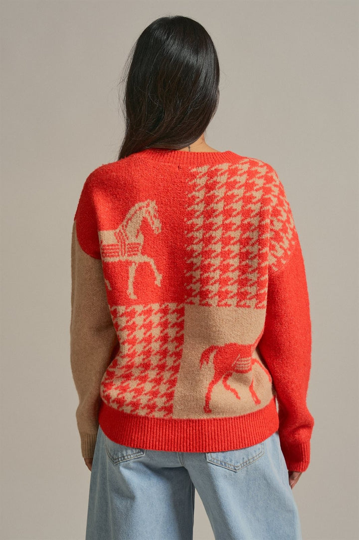 Houndstooth Horse Colorblock Knit Sweater in Orange - Women's Wholesale Sweaters | Trend Notes