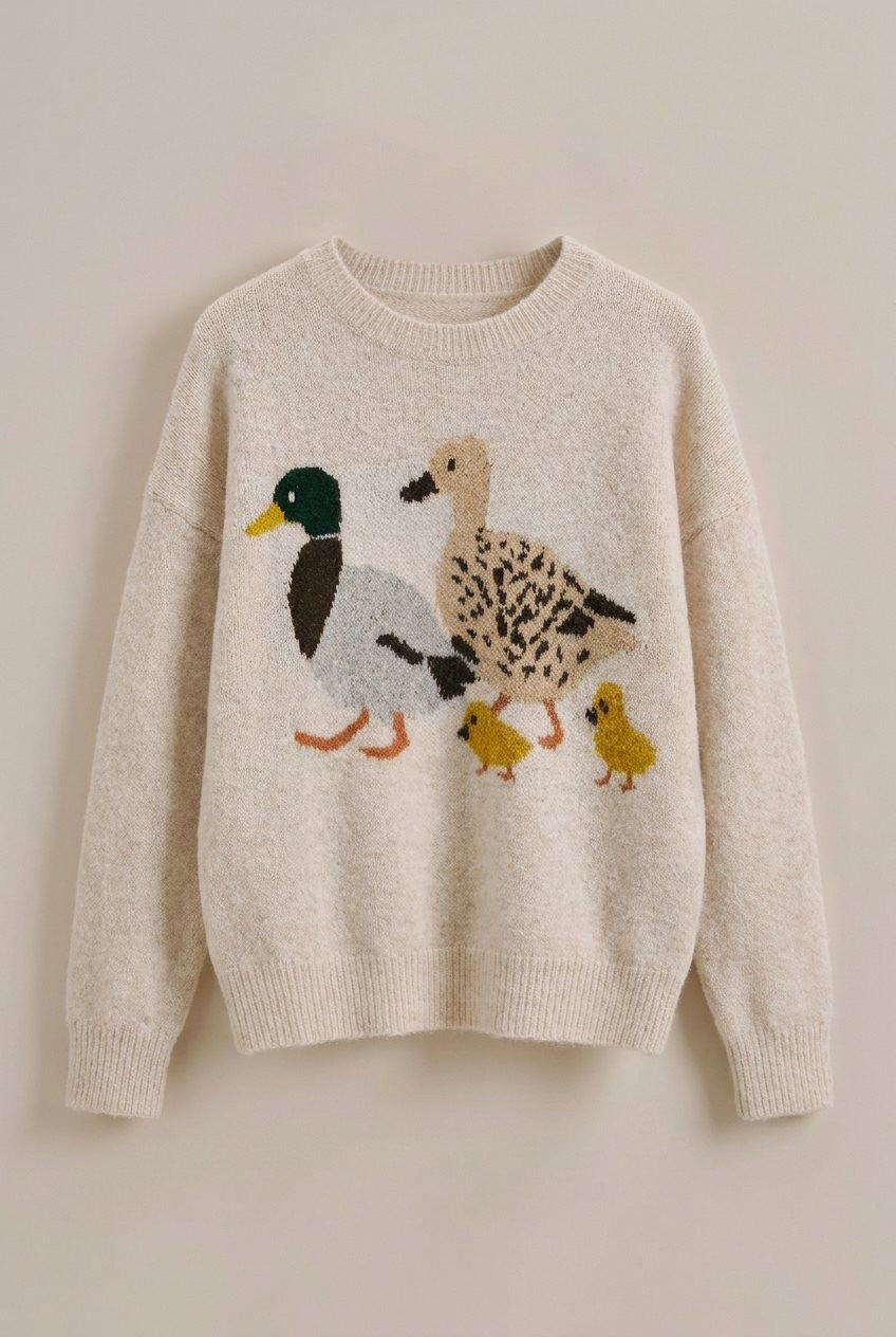 Mallard Duck Intarsia Knit Sweater in Taupe	 - Women's Wholesale Sweaters | Trend Notes