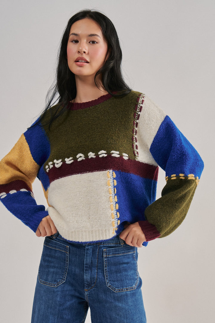 Colorblock Patchwork Sweater with Whipstitch Trim Wool Blend in Multi - Women's Wholesale Sweaters | Trend Notes
