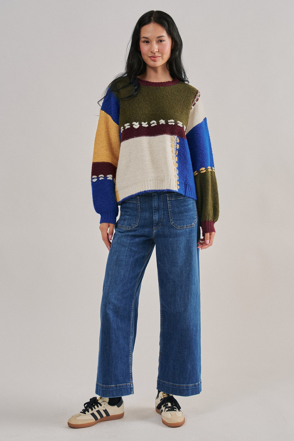 Colorblock Patchwork Sweater with Whipstitch Trim Wool Blend in Multi - Women's Wholesale Sweaters | Trend Notes