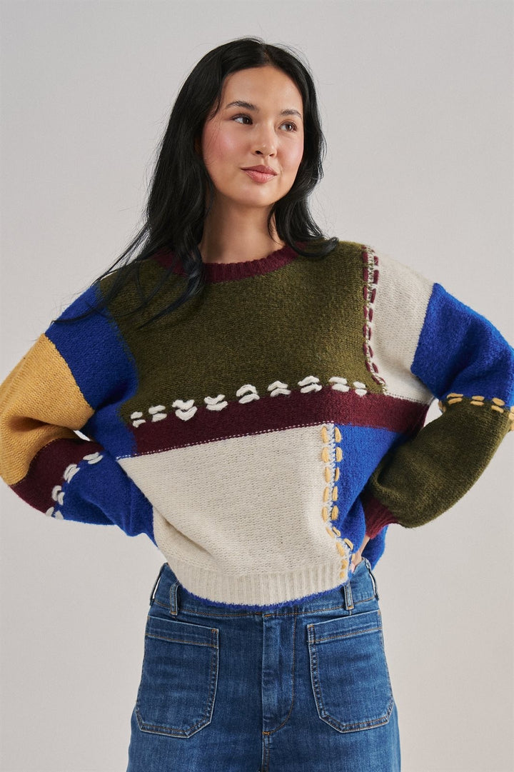 Colorblock Patchwork Sweater with Whipstitch Trim Wool Blend in Multi - Women's Wholesale Sweaters | Trend Notes
