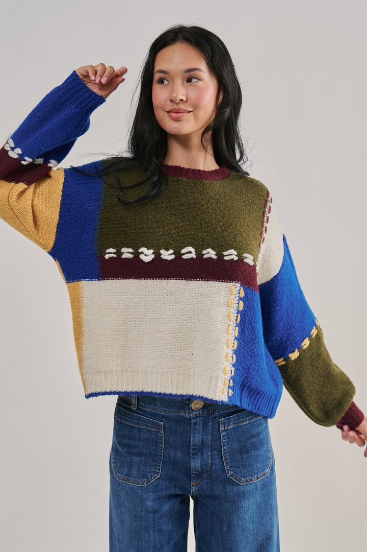 Colorblock Patchwork Sweater with Whipstitch Trim Wool Blend in Multi - Women's Wholesale Sweaters | Trend Notes