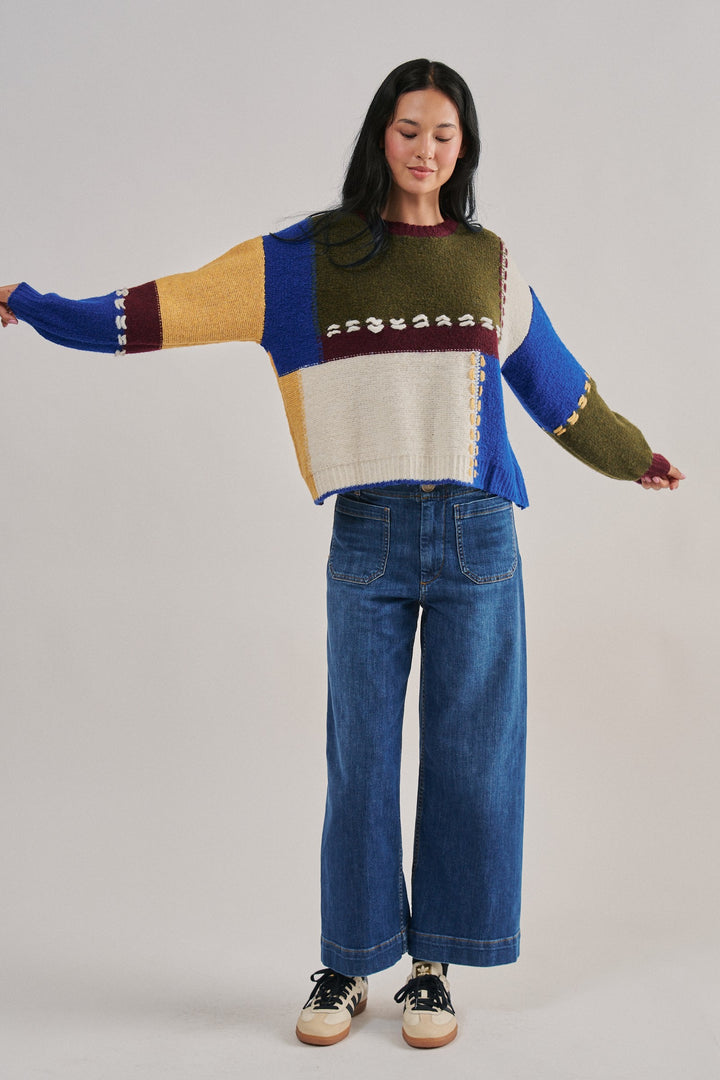 Colorblock Patchwork Sweater with Whipstitch Trim Wool Blend in Multi - Women's Wholesale Sweaters | Trend Notes