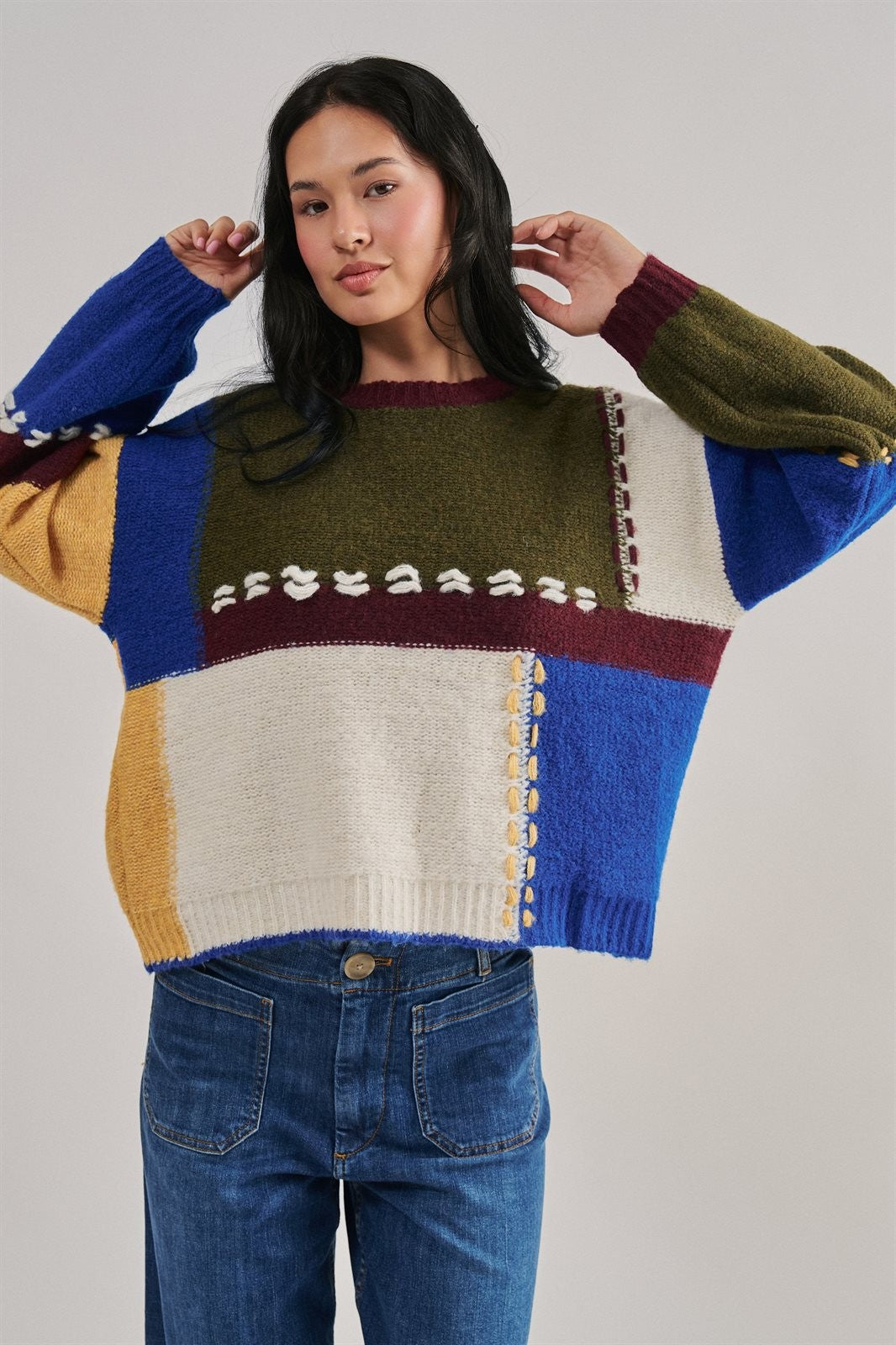 Colorblock Patchwork Sweater with Whipstitch Trim Wool Blend in Multi - Women's Wholesale Sweaters | Trend Notes