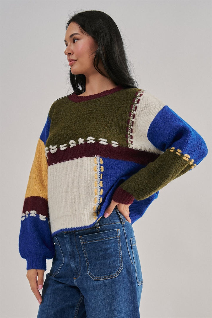 Colorblock Patchwork Sweater with Whipstitch Trim Wool Blend in Multi - Women's Wholesale Sweaters | Trend Notes