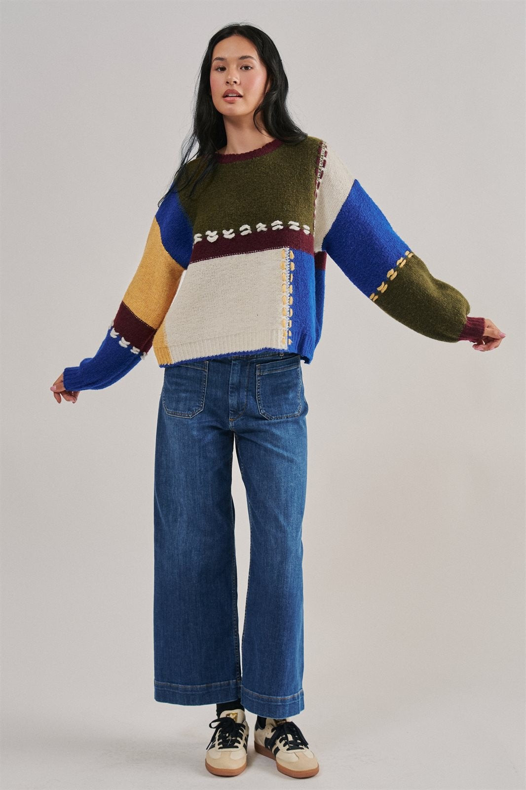 Colorblock Patchwork Sweater with Whipstitch Trim Wool Blend in Multi - Women's Wholesale Sweaters | Trend Notes