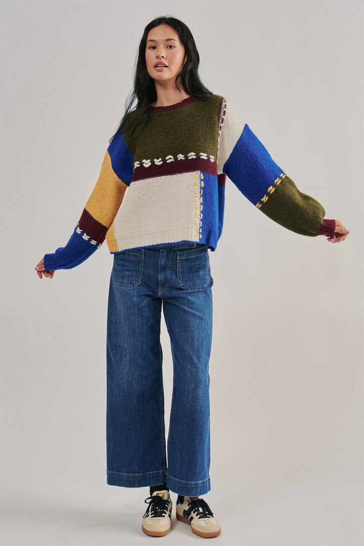 Colorblock Patchwork Sweater with Whipstitch Trim Wool Blend in Multi - Women's Wholesale Sweaters | Trend Notes