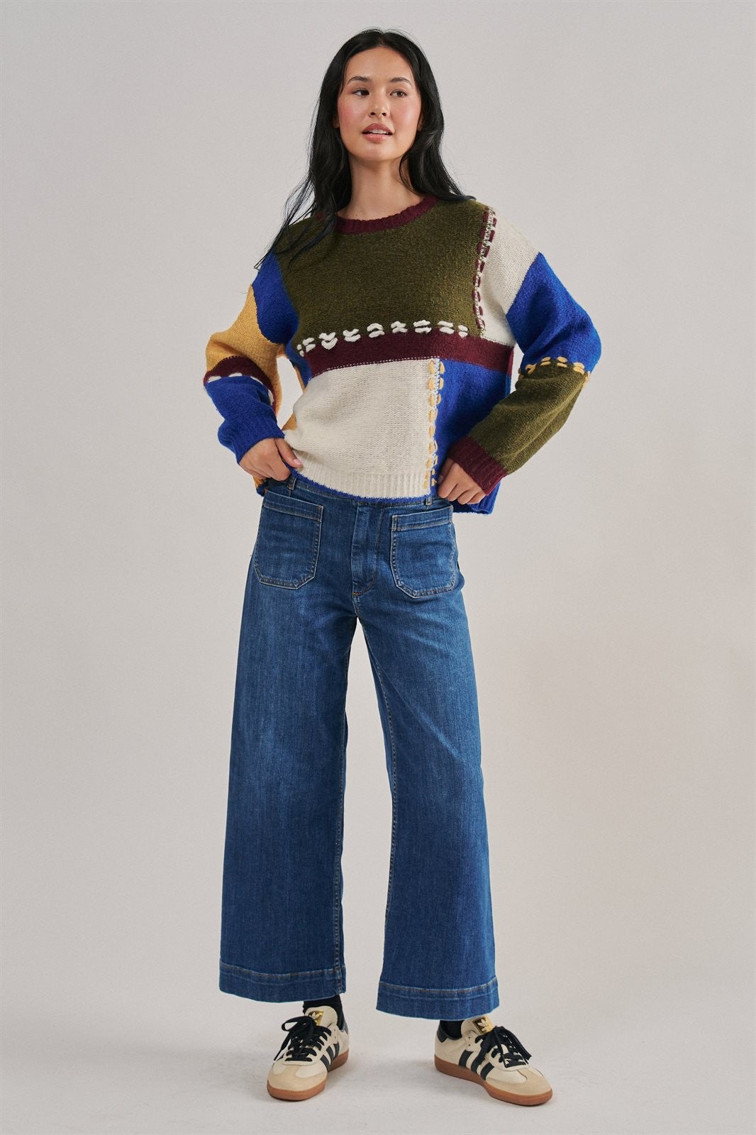 Colorblock Patchwork Sweater with Whipstitch Trim Wool Blend in Multi - Women's Wholesale Sweaters | Trend Notes