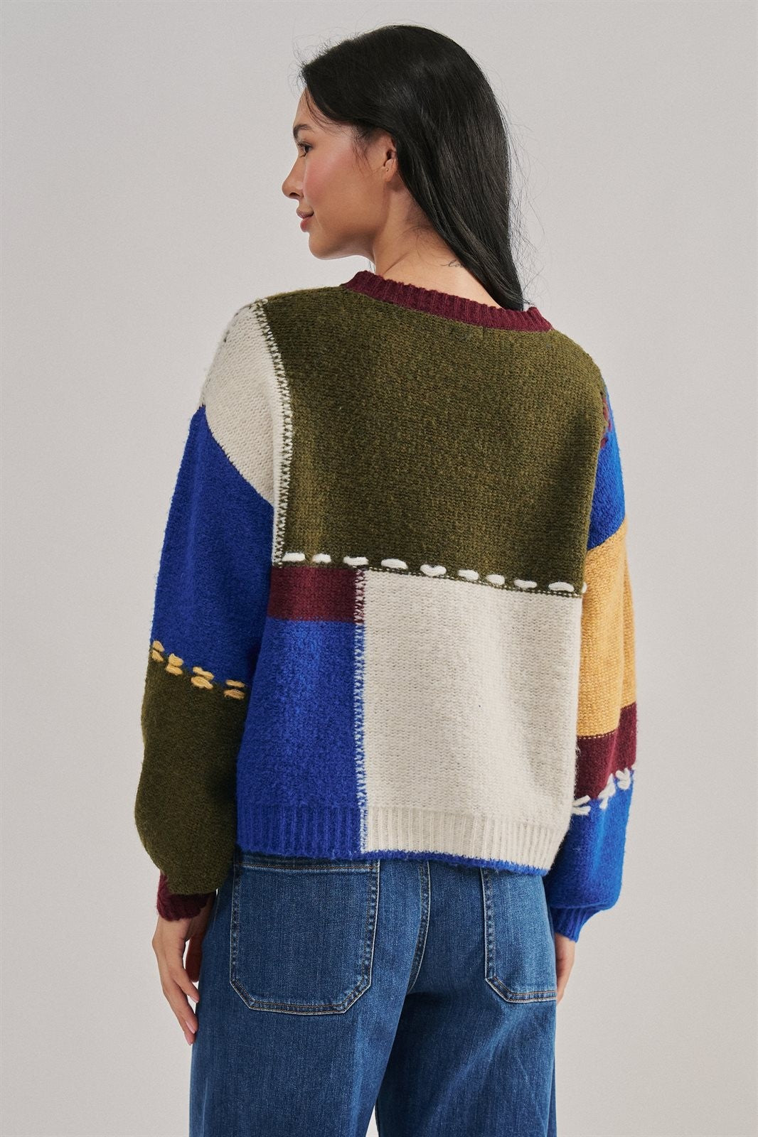 Colorblock Patchwork Sweater with Whipstitch Trim Wool Blend in Multi - Women's Wholesale Sweaters | Trend Notes