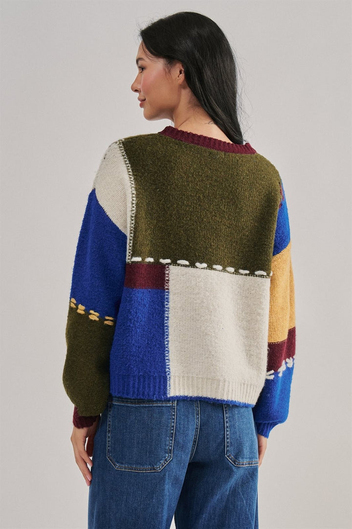 Colorblock Patchwork Sweater with Whipstitch Trim Wool Blend in Multi - Women's Wholesale Sweaters | Trend Notes