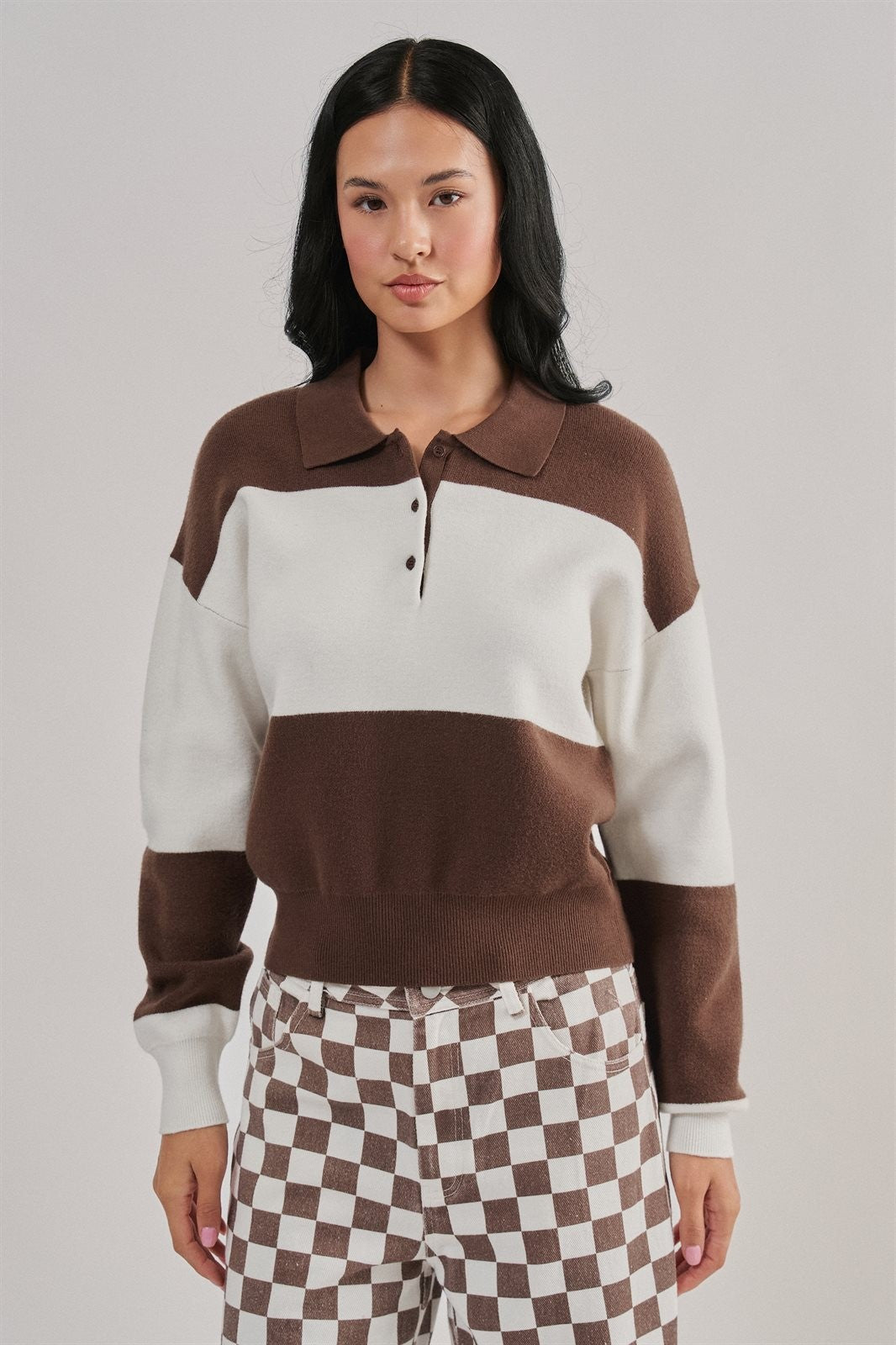 Colorblock Striped Knit Polo Sweater with Button Placket in Brown Ivory - Women's Wholesale Sweaters | Trend Notes