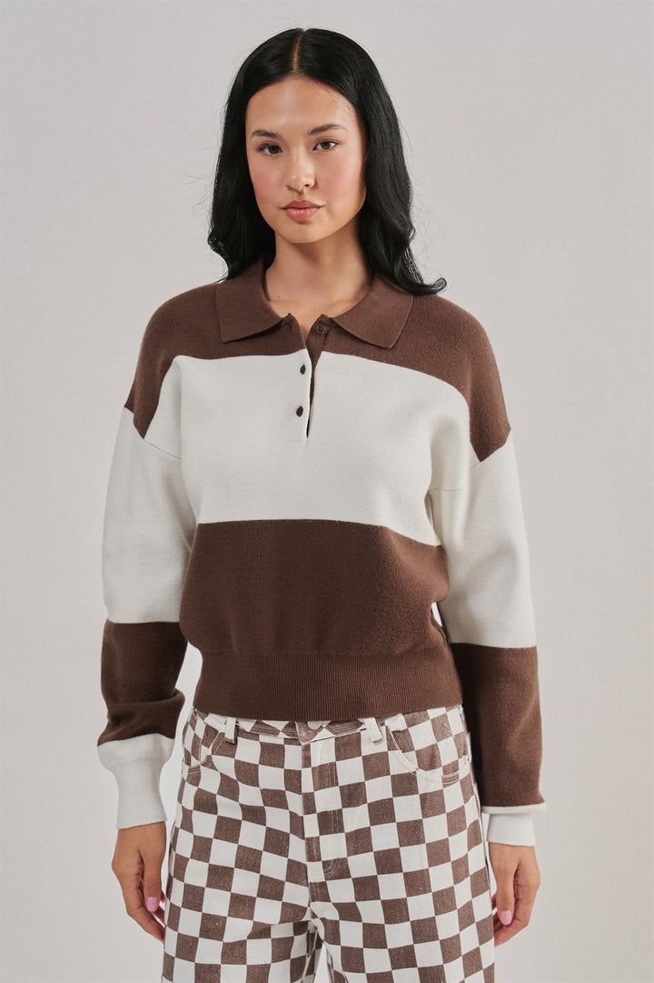 Colorblock Striped Knit Polo Sweater with Button Placket in Brown Ivory - Women's Wholesale Sweaters | Trend Notes