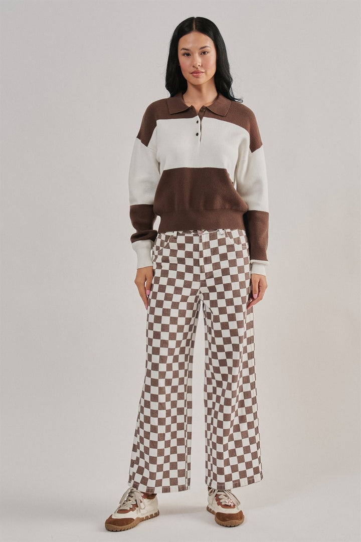 Colorblock Striped Knit Polo Sweater with Button Placket in Brown Ivory - Women's Wholesale Sweaters | Trend Notes