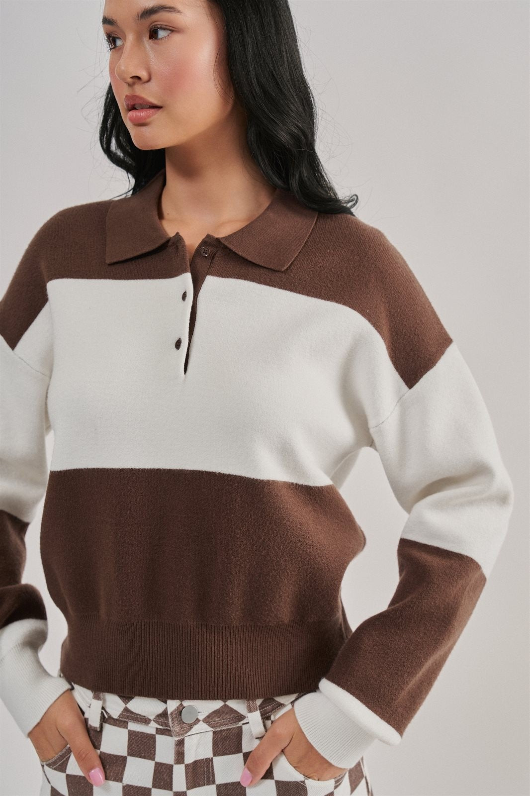 Colorblock Striped Knit Polo Sweater with Button Placket in Brown Ivory - Women's Wholesale Sweaters | Trend Notes