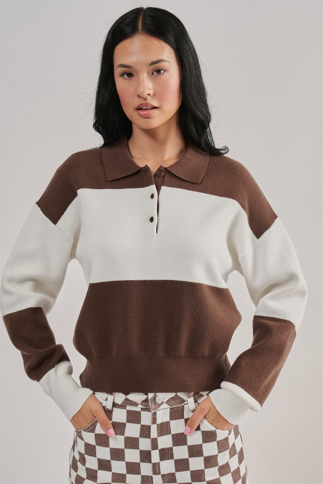 Colorblock Striped Knit Polo Sweater with Button Placket in Brown Ivory - Women's Wholesale Sweaters | Trend Notes